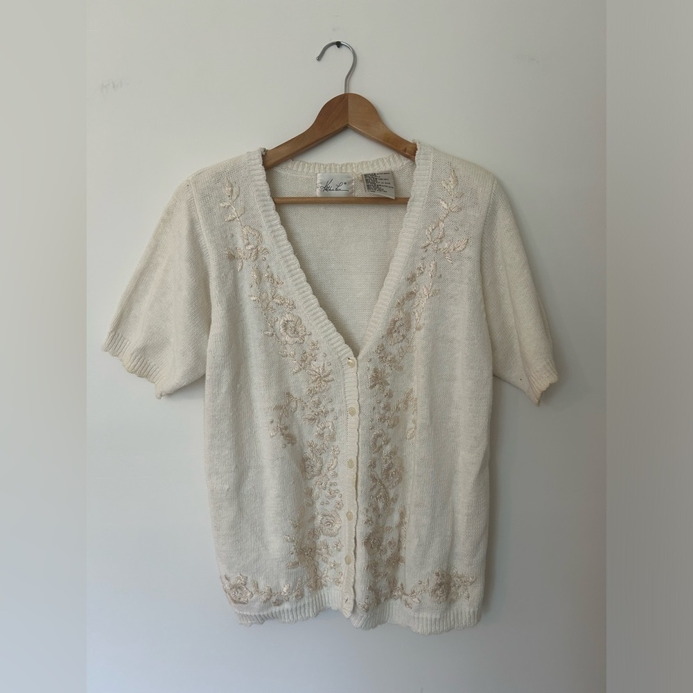 Kathie Lee Vintage floral embroidery cream short sleeve cardigan, size xs